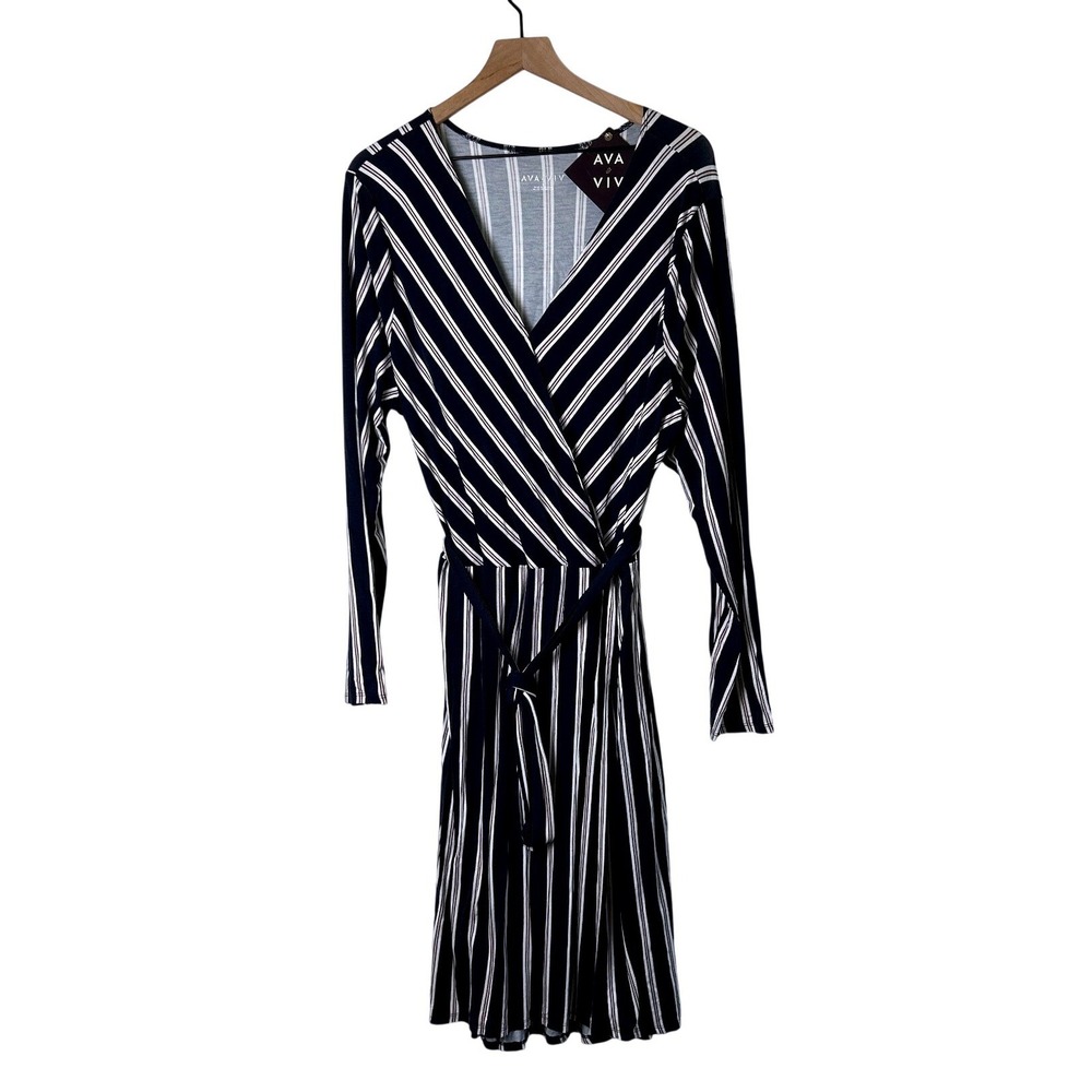 Ava & Viv Womens Striped Long Sleeve Wrap Midi Dress Size 1X Navy White NEW